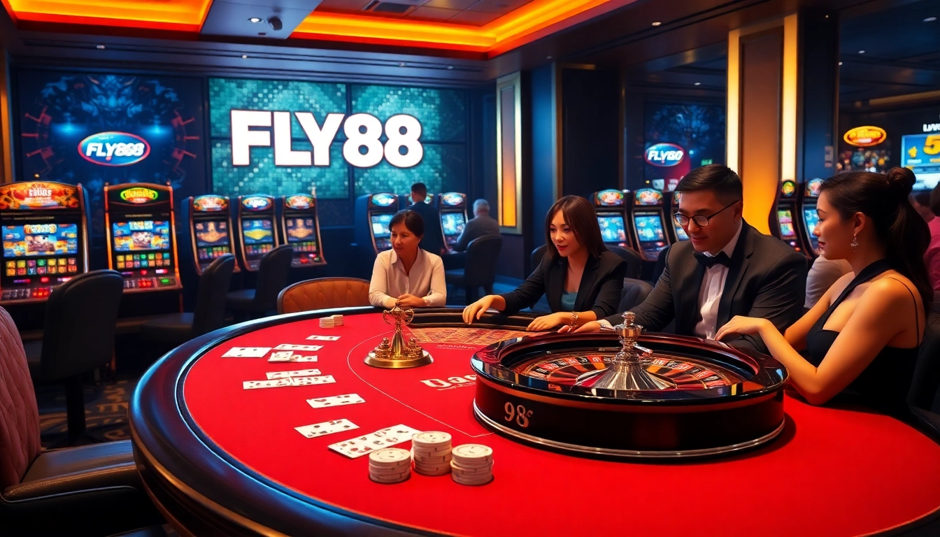 FLY88 players enjoying high-stakes poker in a luxurious casino setting, highlighting excitement and professionalism.