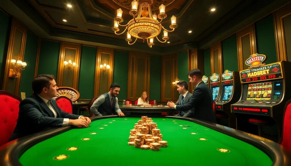 Experience thrilling gameplay at HDBET with luxurious casino visuals including poker tables and vibrant slot machines.