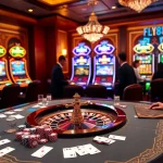 Experience thrilling gameplay at FLY88 with a vibrant casino scene featuring poker tables and roulette wheels.