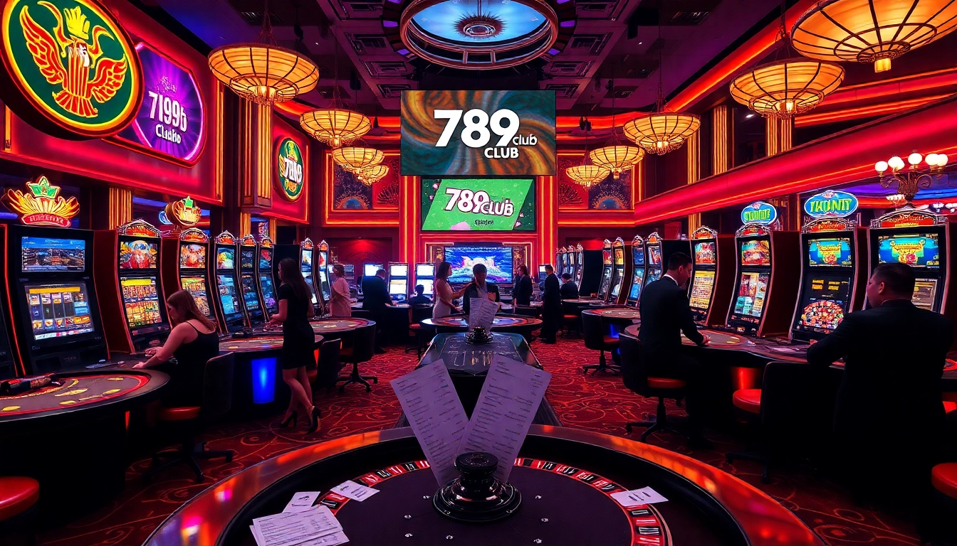 Action-packed gambling scene at 789club with poker tables and vibrant slot machines.