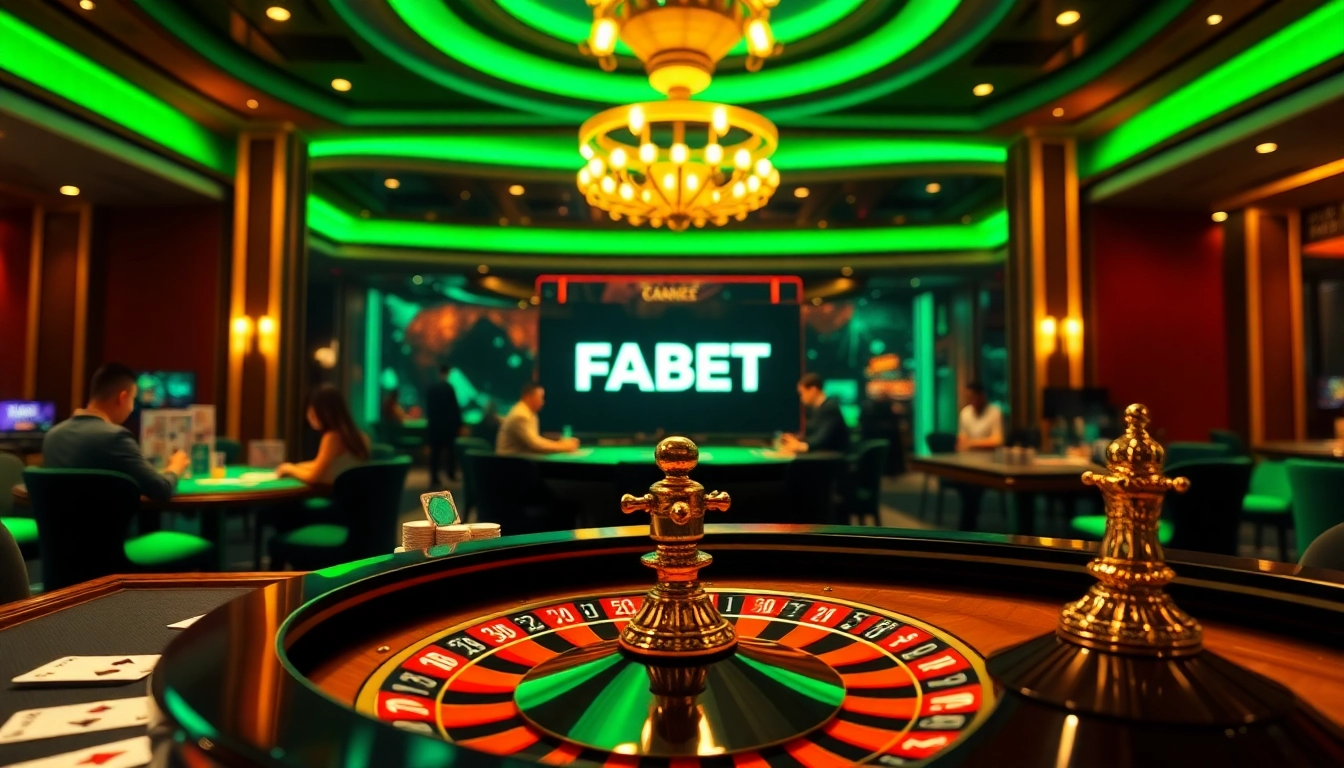 FABET players engaging in an exciting online gambling experience at a lavish casino setting.