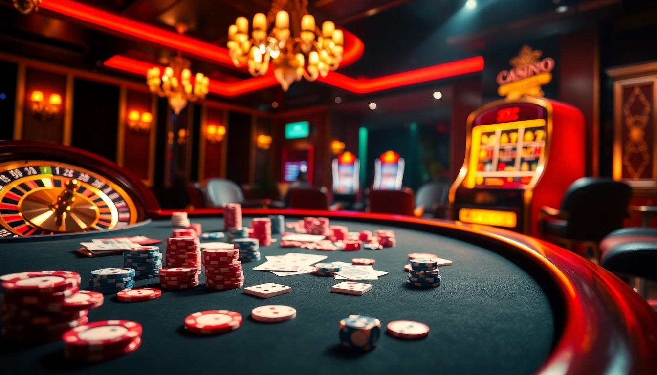 Experience the excitement of vz99 as players engage in thrilling casino games with vibrant tables and slot machines.