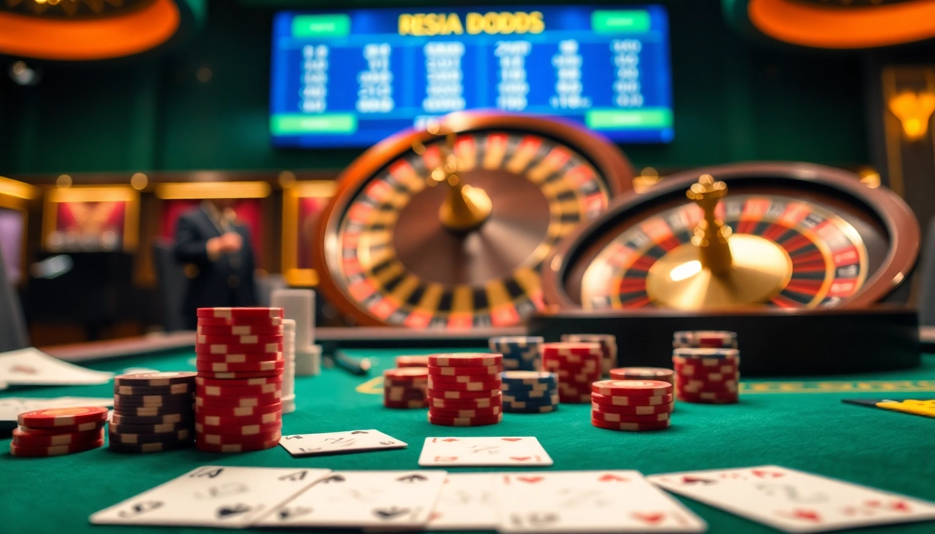 Engage with the vibrant atmosphere of a casino, featuring odds from https://keonhacai.claims/ with poker chips and a roulette wheel.