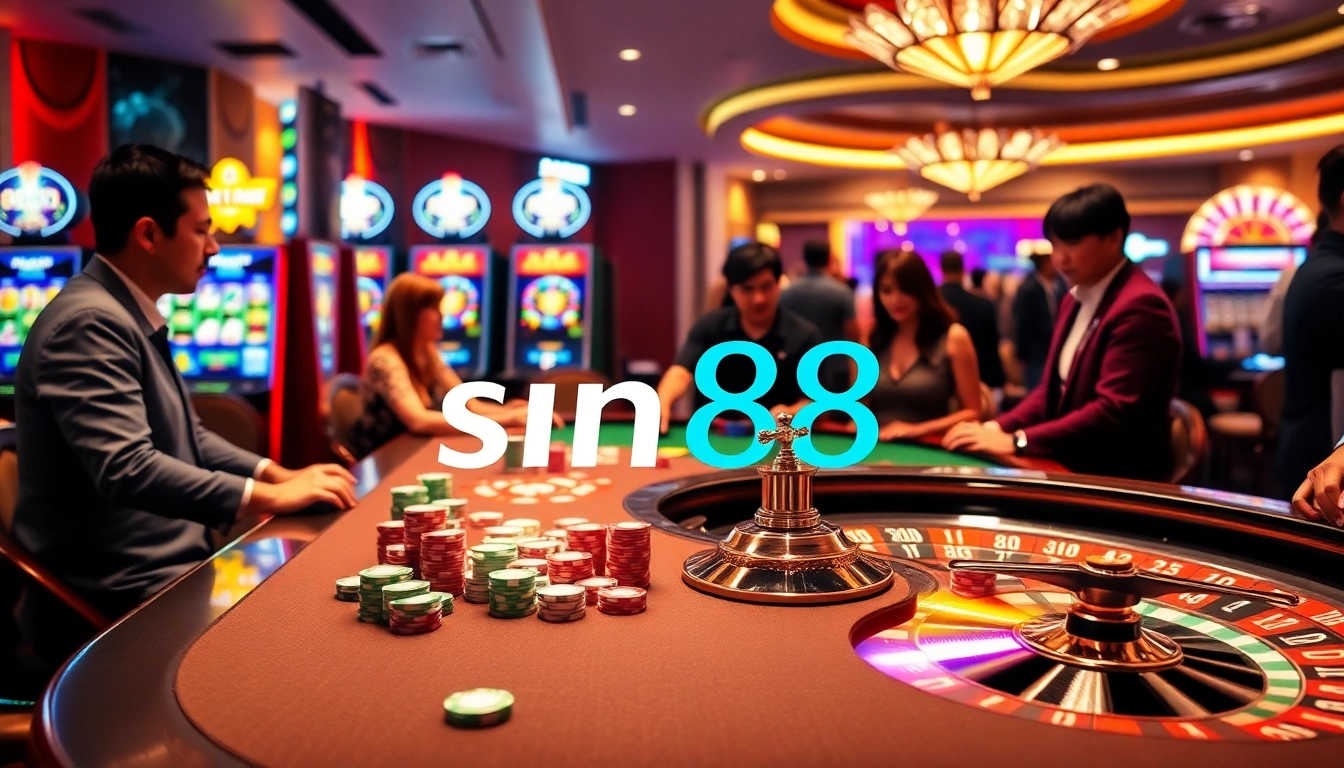 Experience thrilling gameplay at sin88 with vibrant casino tables, colorful slot machines, and engaged players.