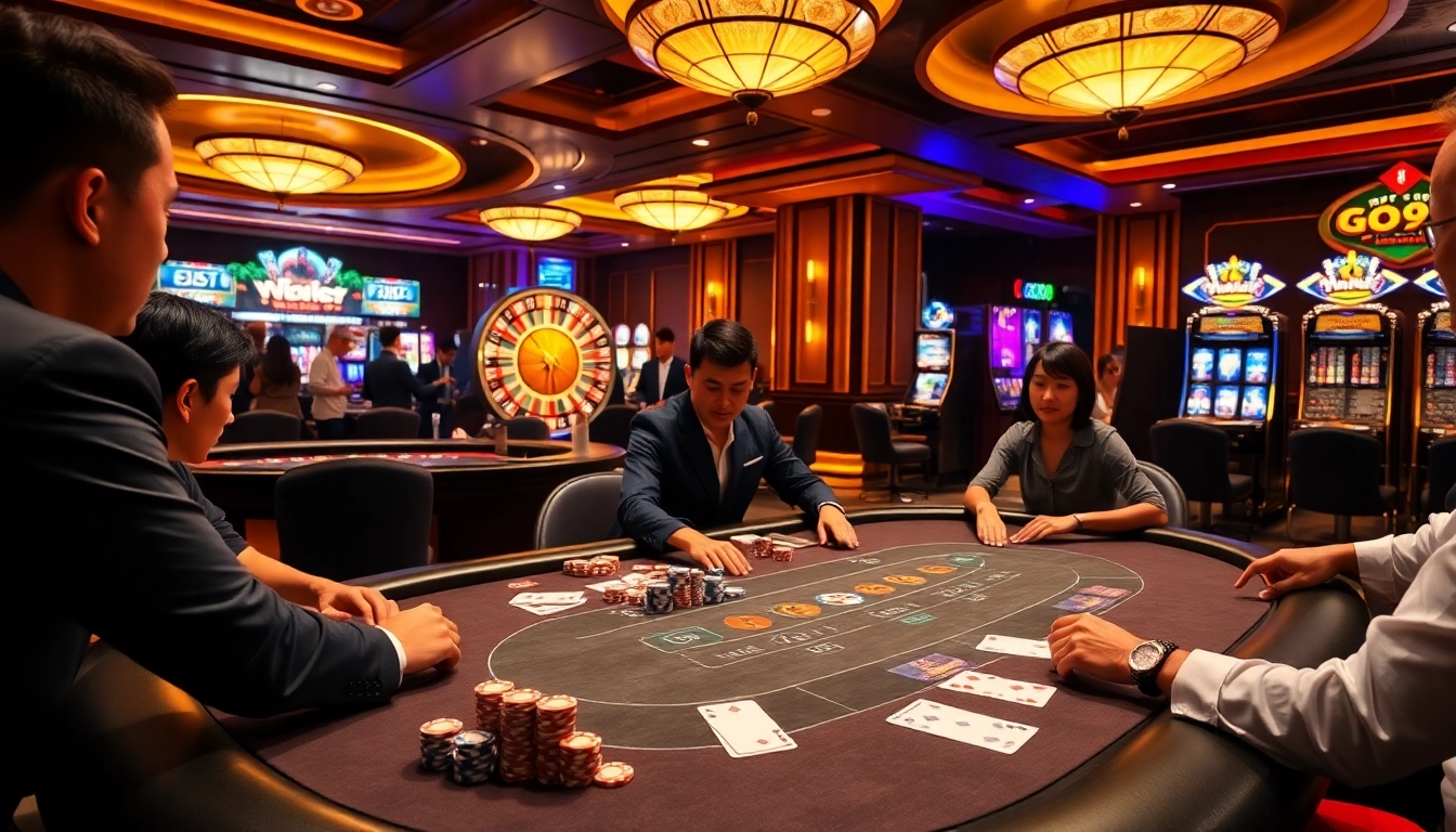 Players enjoying a thrilling game at GO99 casino, featuring poker and roulette tables in an elegant setting.