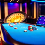 Engaging players at a Rikvip gaming table featuring poker chips and vibrant casino elements.