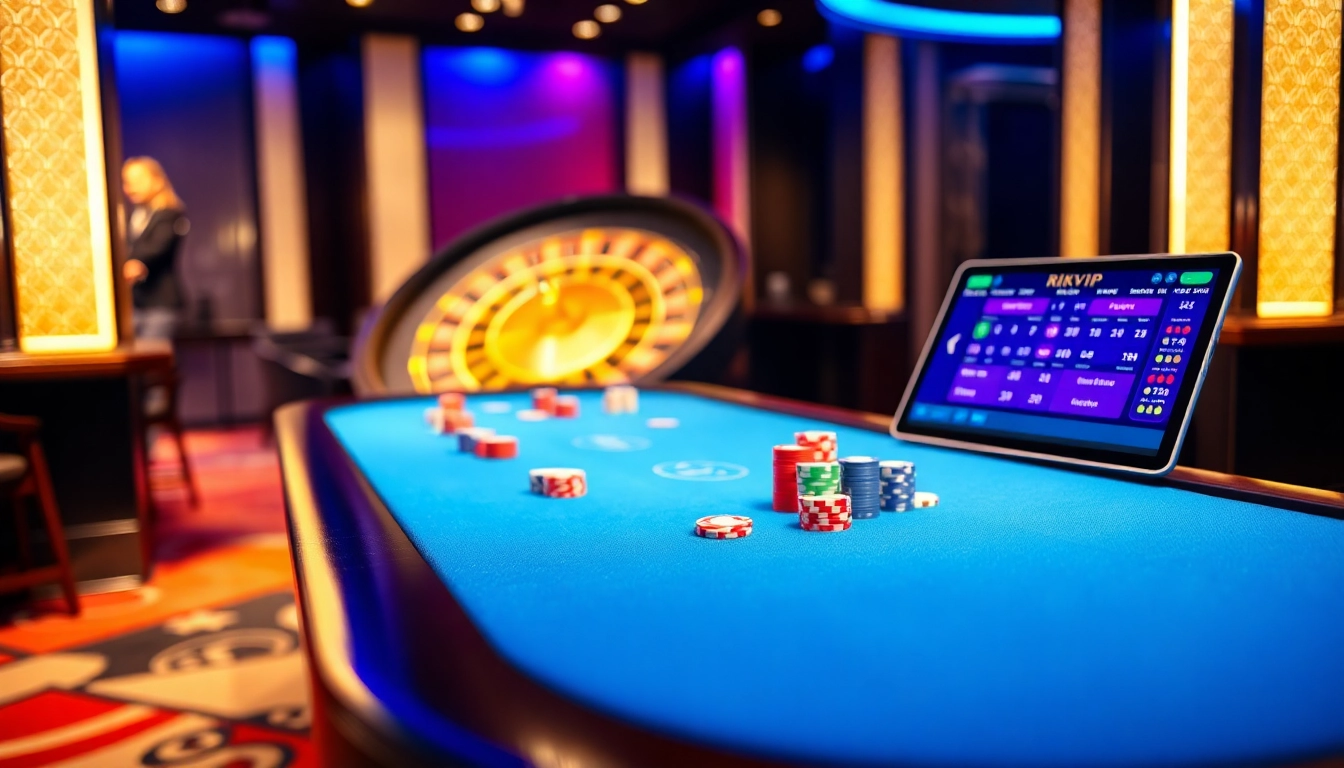 Engaging players at a Rikvip gaming table featuring poker chips and vibrant casino elements.