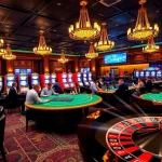 Players enjoying a casino experience at 65A with poker tables and slot machines.