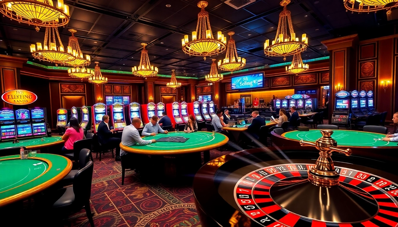 Players enjoying a casino experience at 65A with poker tables and slot machines.