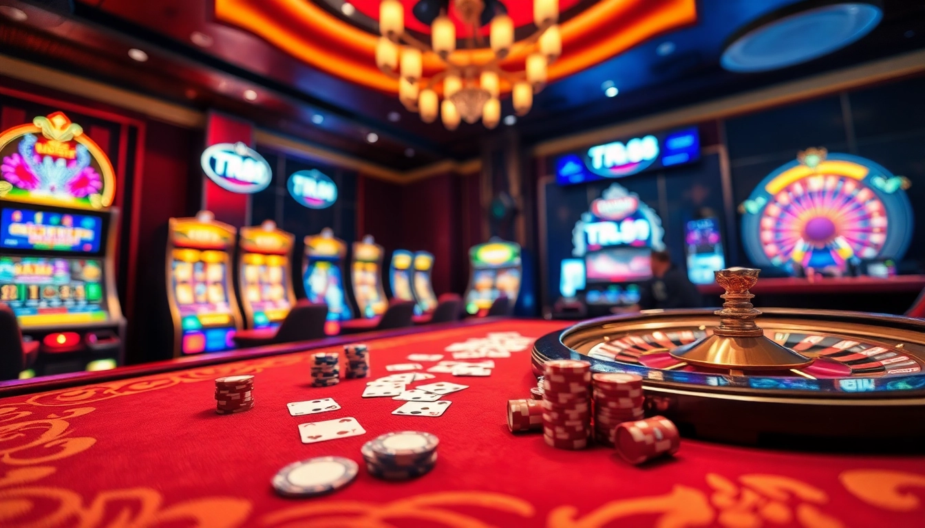 Engage with TR88's vibrant casino scene featuring gaming tables, cards, and roulette.