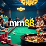 Exciting gambling scene at mm88 with vibrant tables, poker chips, and casino players.