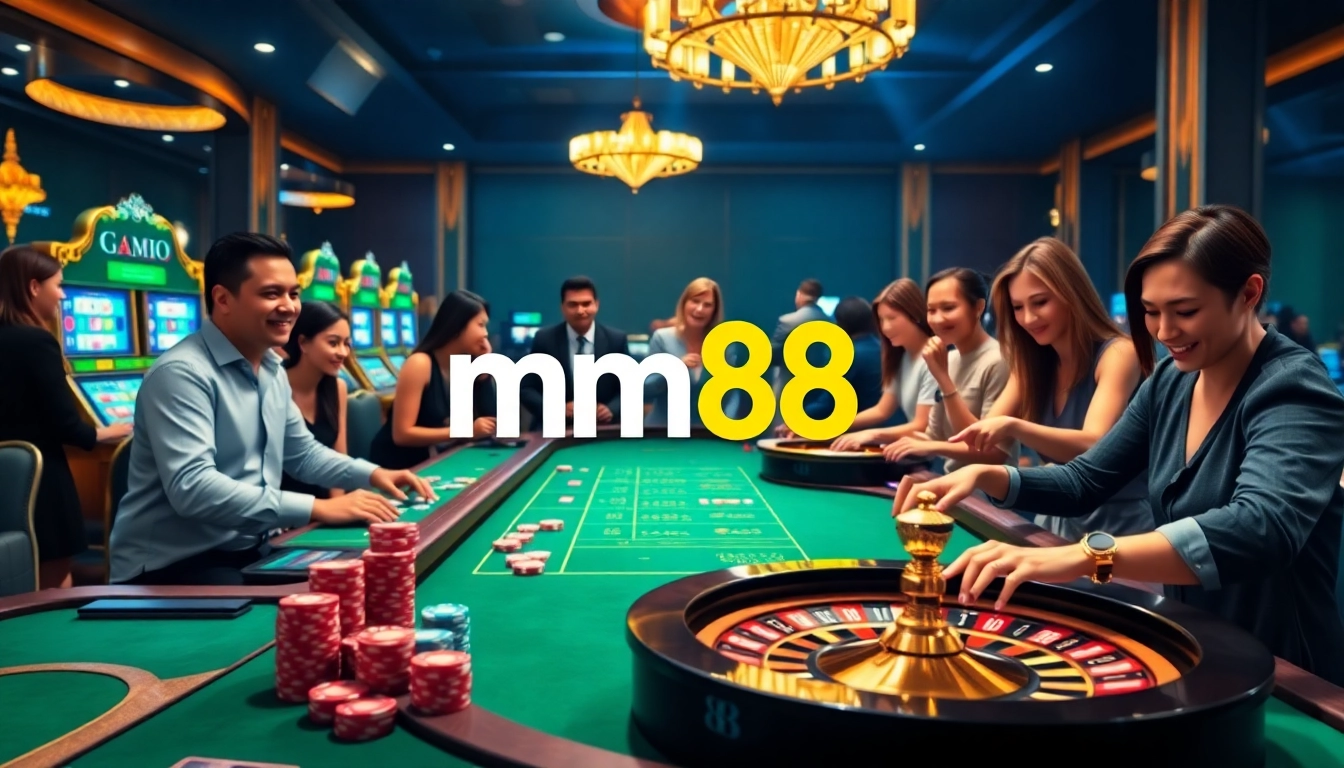 Exciting gambling scene at mm88 with vibrant tables, poker chips, and casino players.