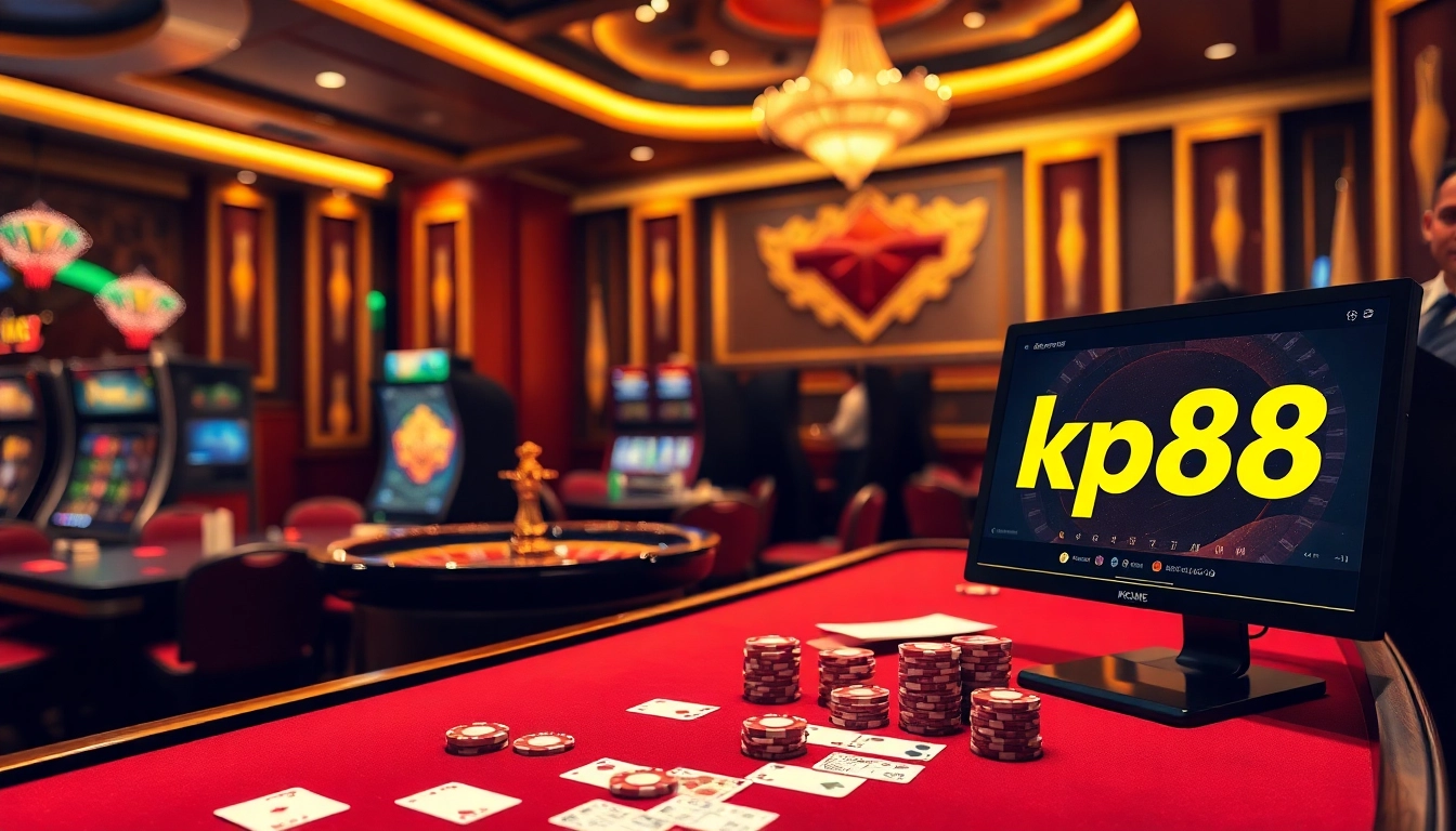 Kp88 offers a vibrant casino scene with players enjoying poker and roulette in a luxurious setting.