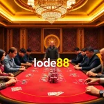 Lode88 players experience high-stakes excitement at a vibrant casino table with colorful chips.