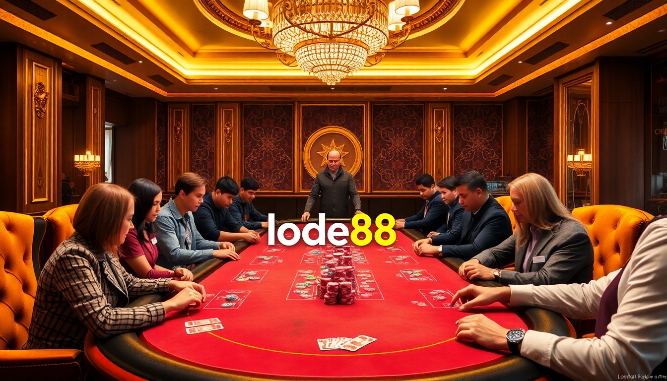 Lode88 players experience high-stakes excitement at a vibrant casino table with colorful chips.