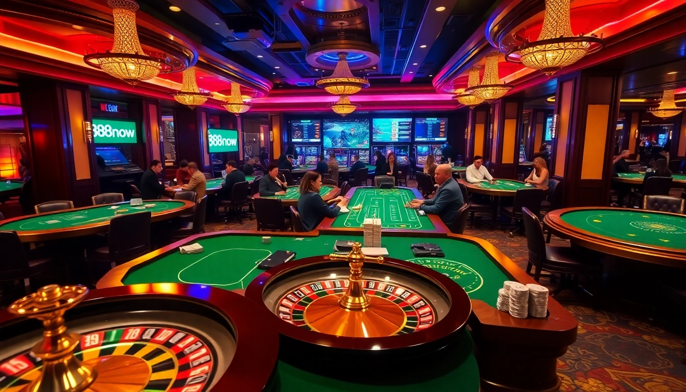 Experience thrilling casino action with 888now, featuring roulette, poker, and vibrant gaming atmosphere.
