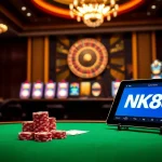 Experience the thrill of gaming at NK88 with vibrant casino tables, poker chips, and online features.