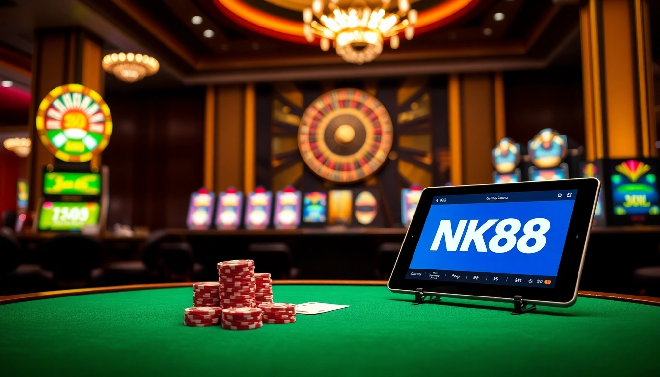 Experience the thrill of gaming at NK88 with vibrant casino tables, poker chips, and online features.
