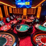 Experience high-stakes gaming with max88's vibrant casino scene featuring roulette and card tables.
