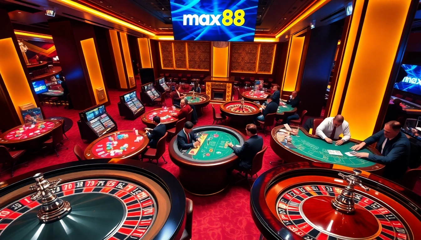 Experience high-stakes gaming with max88's vibrant casino scene featuring roulette and card tables.