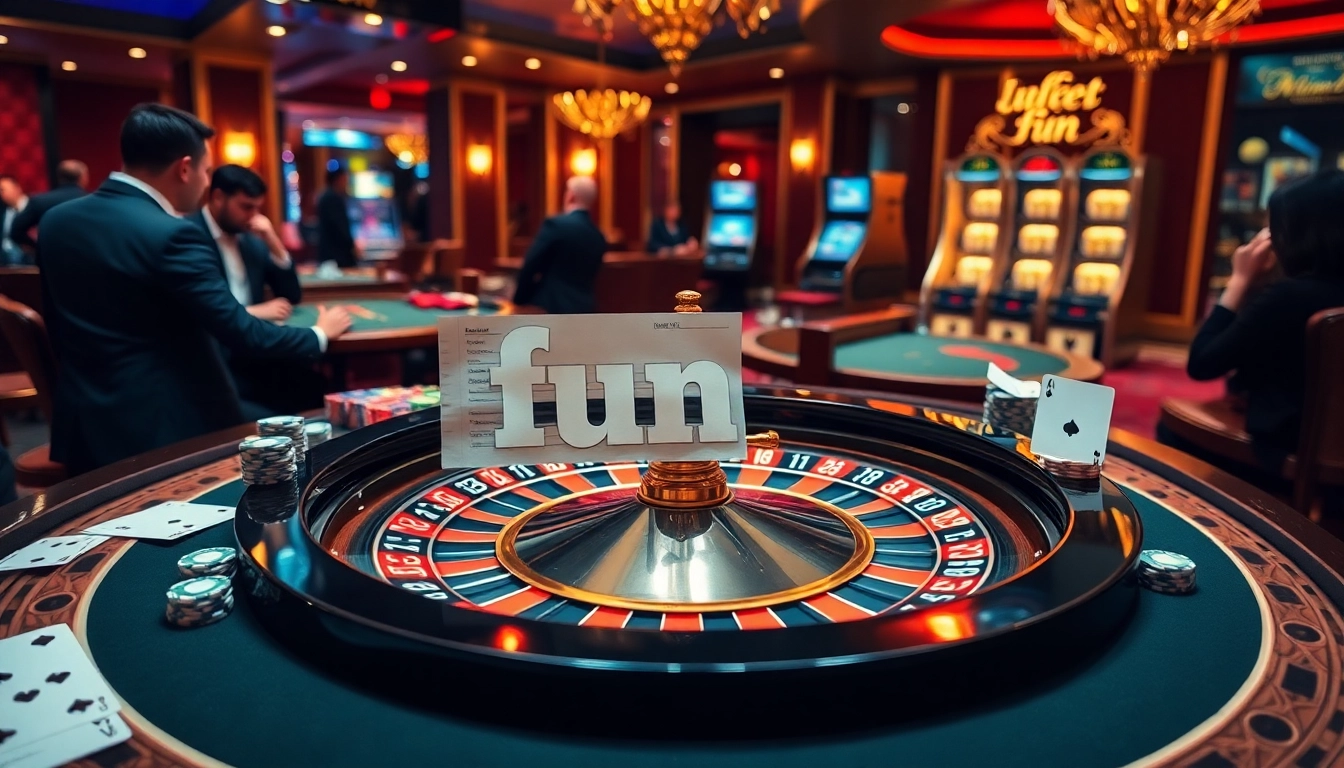 Action-packed scene of gamblers playing at a casino with fun79 represented clearly on a betting slip.