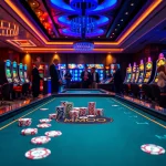 Players enjoying a vibrant MMOO casino atmosphere with colorful chips and slot machines.