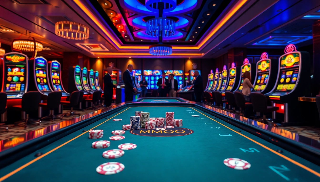 Players enjoying a vibrant MMOO casino atmosphere with colorful chips and slot machines.