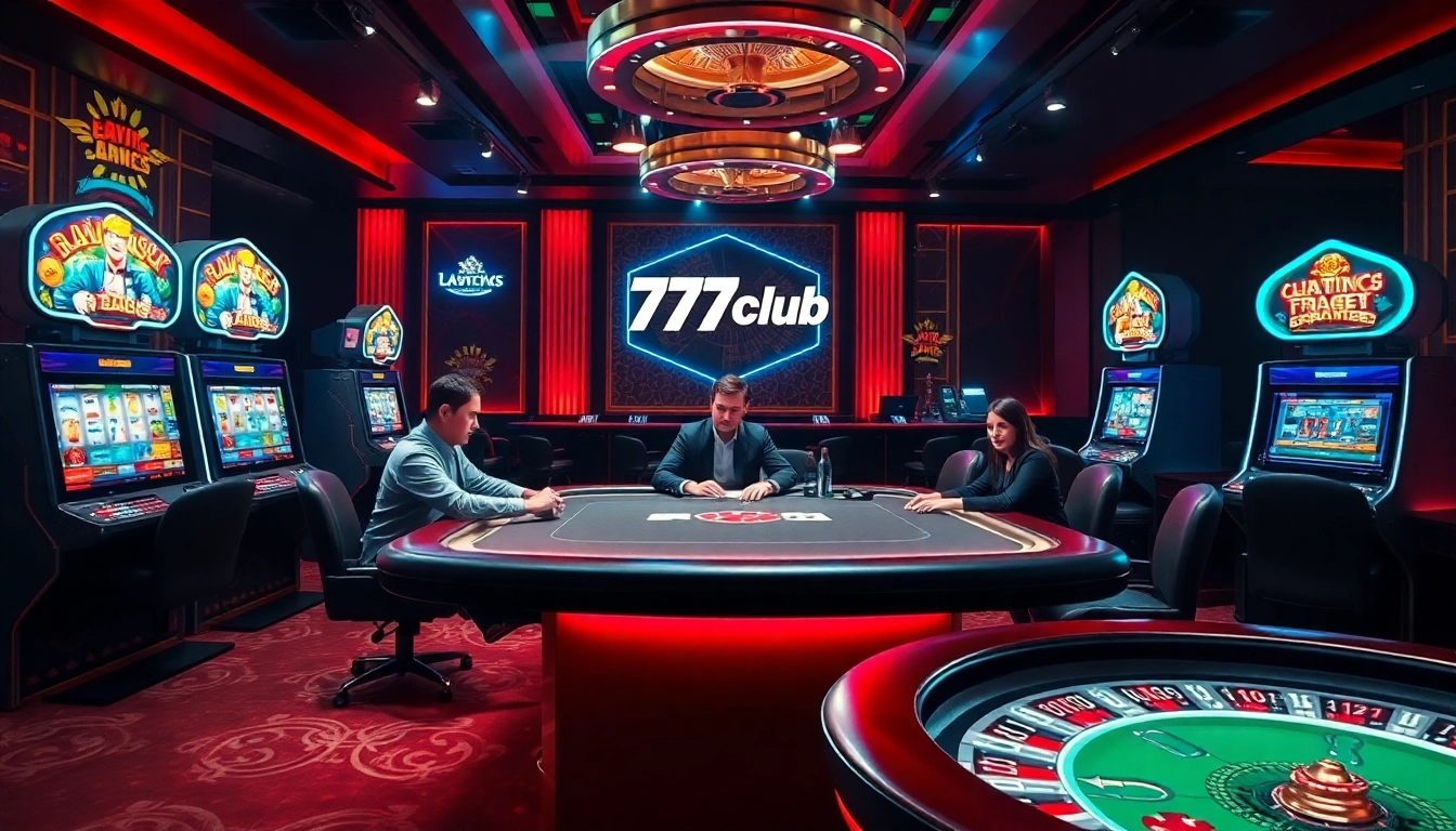 Experience the excitement at 789club with vibrant poker and slot machines in a luxurious casino setting.