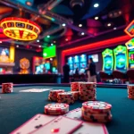 Engage with the excitement of 788t gaming at a luxury casino, featuring poker chips and a roulette wheel under bright lights.