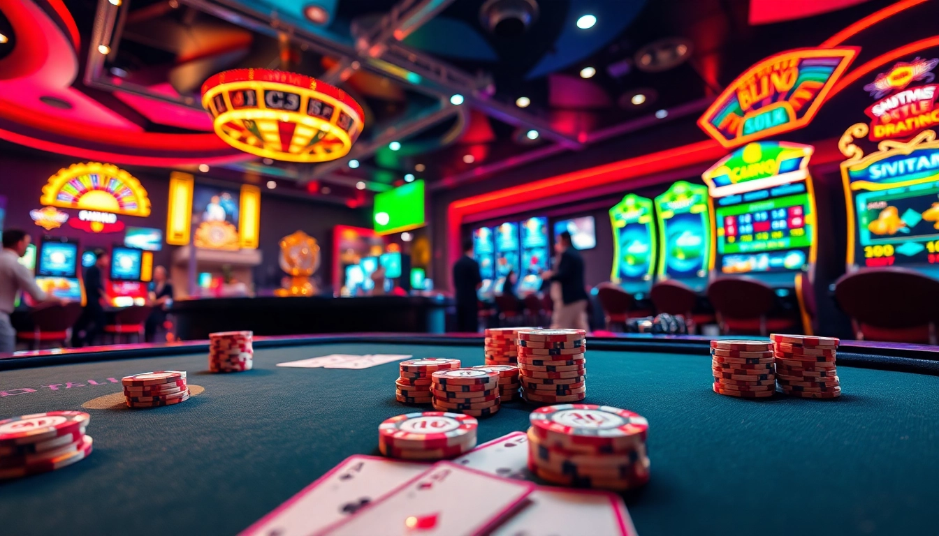 Engage with the excitement of 788t gaming at a luxury casino, featuring poker chips and a roulette wheel under bright lights.