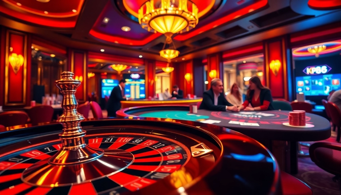 Enthusiastic players enjoying kp88 gaming action at a luxurious casino table.