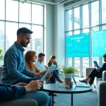 Dynamic coworking space scene showcasing professionals collaborating effectively, emphasizing innovation linked to open88.com.