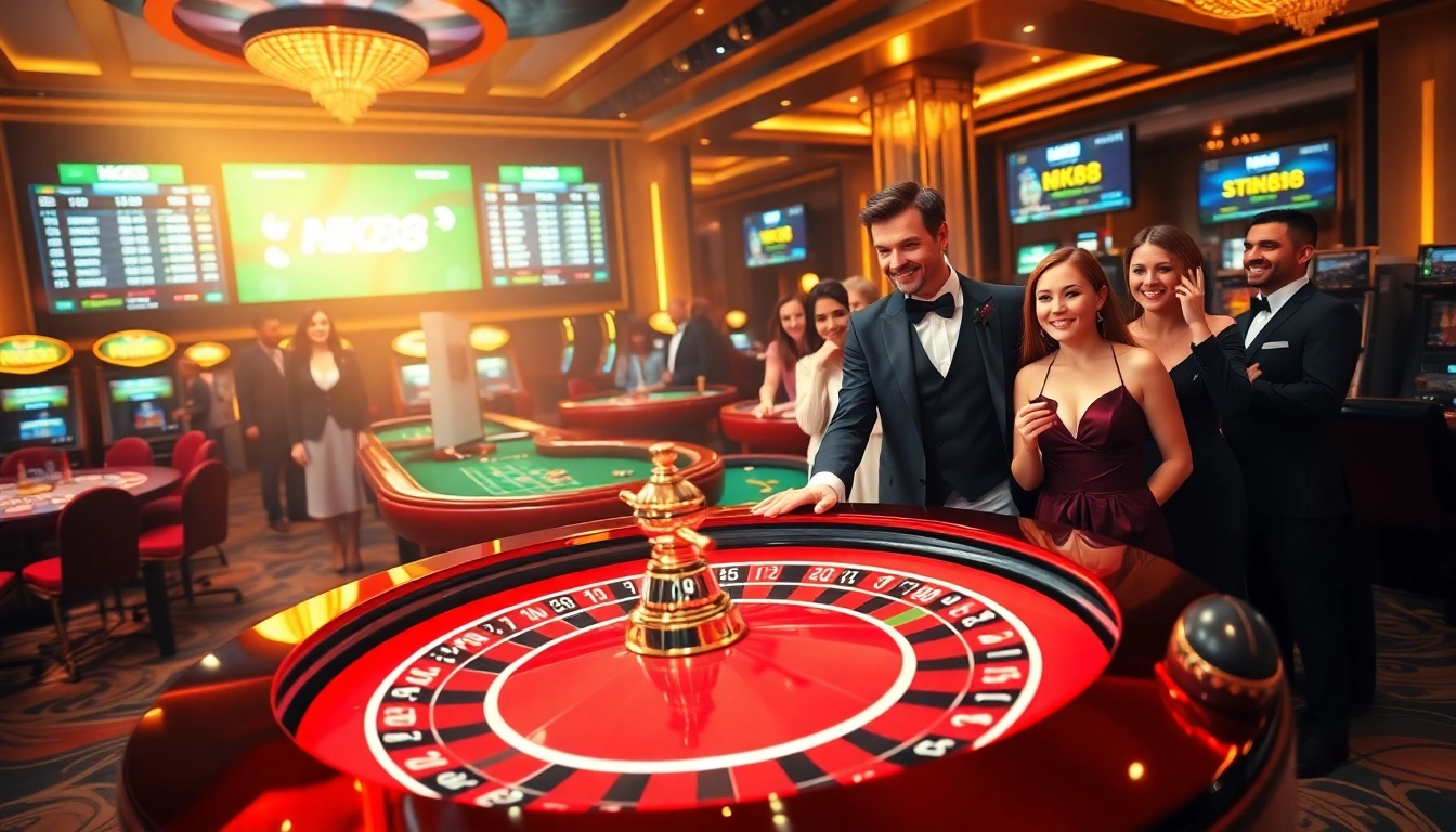 Experience luxury gambling at NK88 with exciting action at a roulette table and vibrant slot machines.