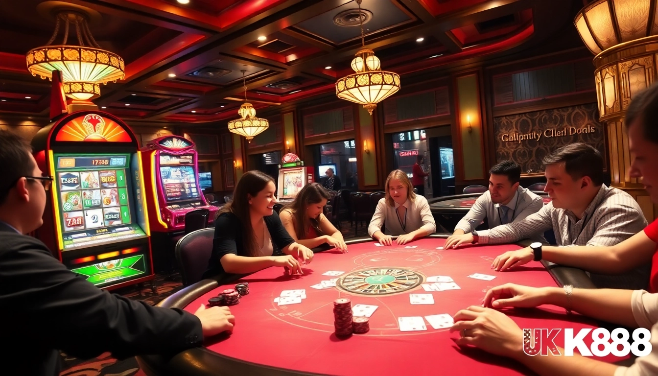 Players enjoying poker and slot machines at UK88's luxurious casino table.