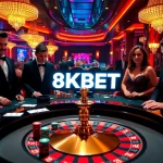 Exciting roulette table scene at 8KBET casino, showcasing luxury and vibrant gambling atmosphere.