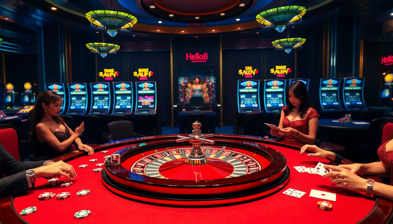 Experience vibrant gambling excitement at hello88 with luxurious casino elements like roulette, cards, and chips.