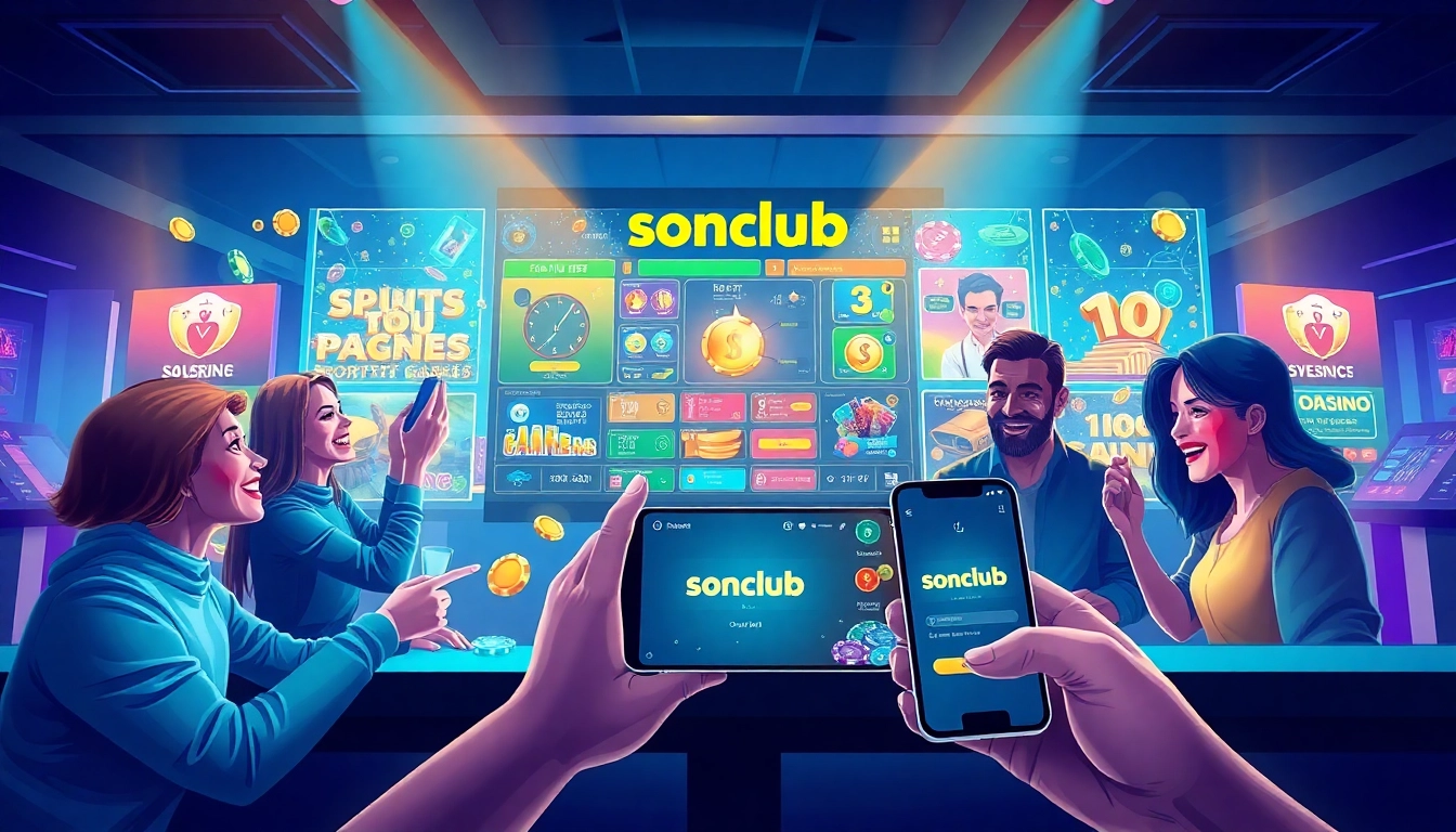 Colorful illustration of players enjoying games on the Sonclub app, highlighting the excitement of online gaming.