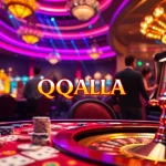 Experience the excitement of QQALFA with players at a vibrant casino table and luxurious slot machines.