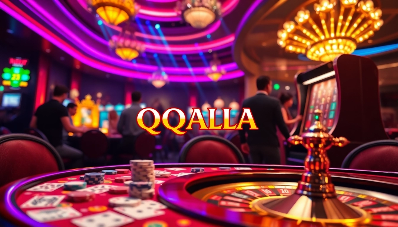 Experience the excitement of QQALFA with players at a vibrant casino table and luxurious slot machines.