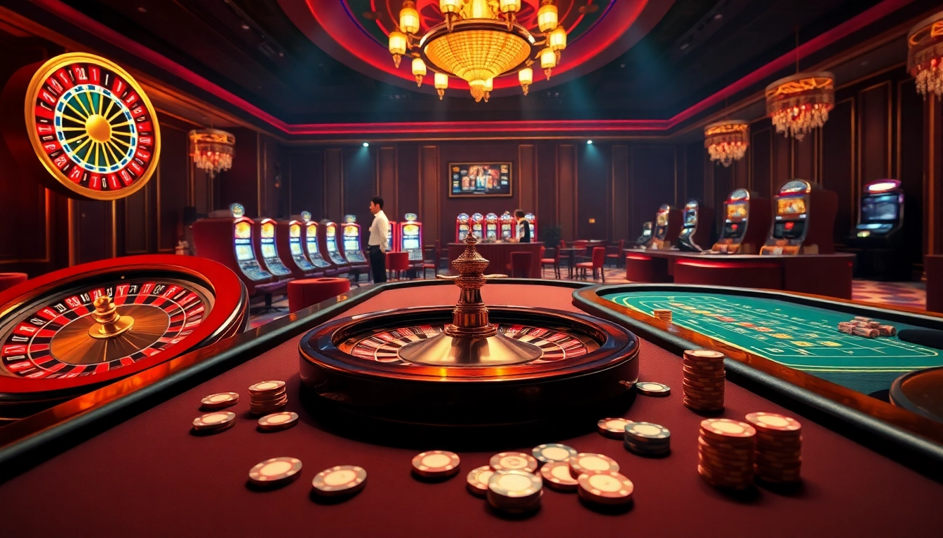 Experience thrilling gaming action at https://888vina.com/ featuring vibrant casino tables and roulette wheels.