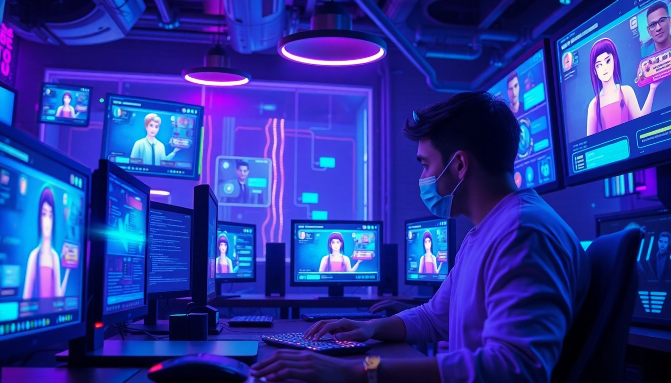 Engaged users exploring NSFW AI platforms in a futuristic digital environment.