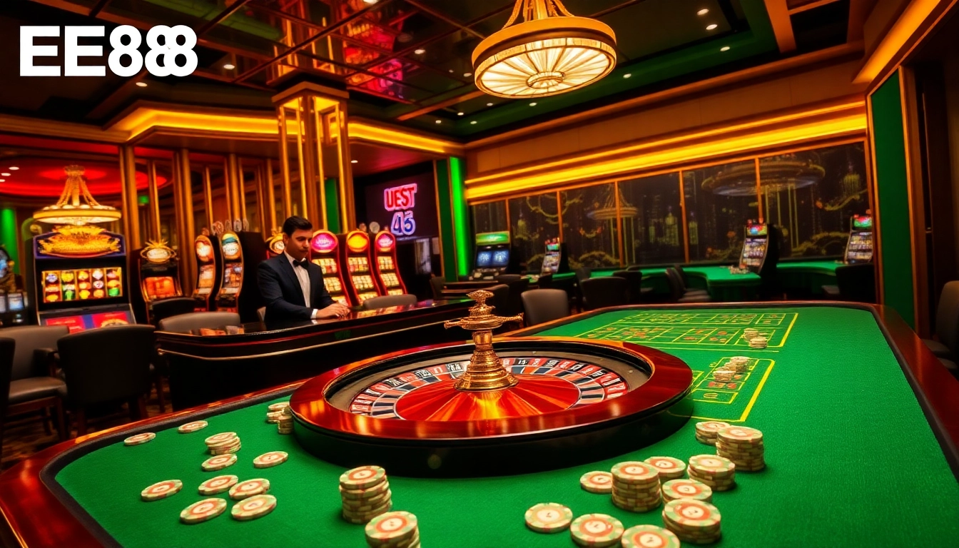 Experience the thrill of EE88 with a vibrant casino scene featuring gaming tables and slot machines.
