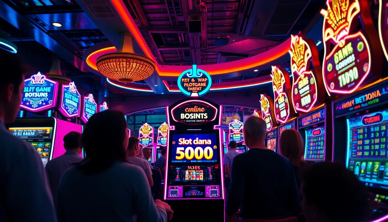Exciting scene of players enjoying slot dana 5000 machines in a vibrant casino atmosphere.