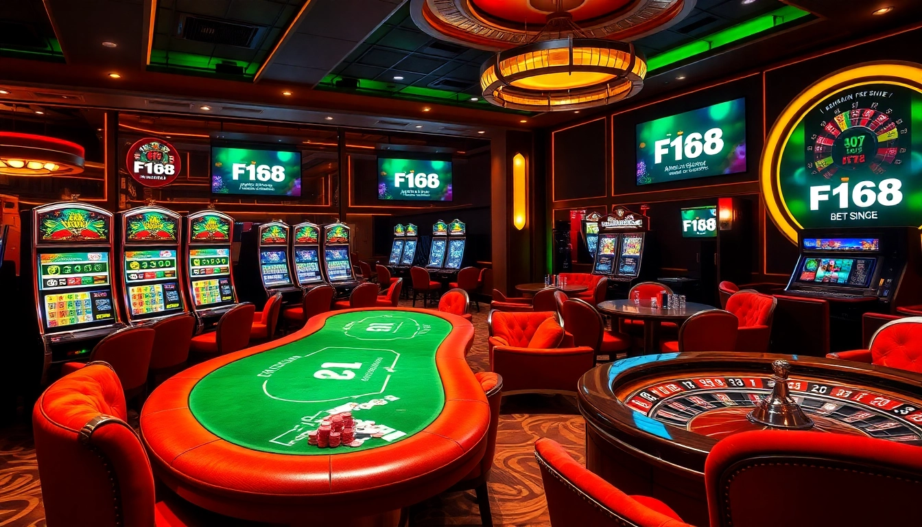 Experience the thrill of winning at F168's vibrant casino featuring engaging slot machines and poker tables.