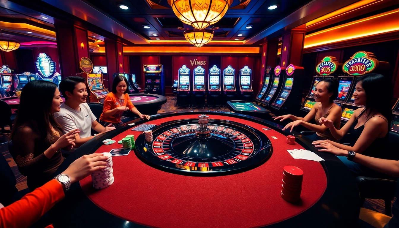 Exciting players enjoying a game at Vin88 casino with vibrant roulette and slot machines.