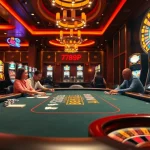 Experience the excitement of poker gameplay at 789P casino with vibrant slot machines in the background.