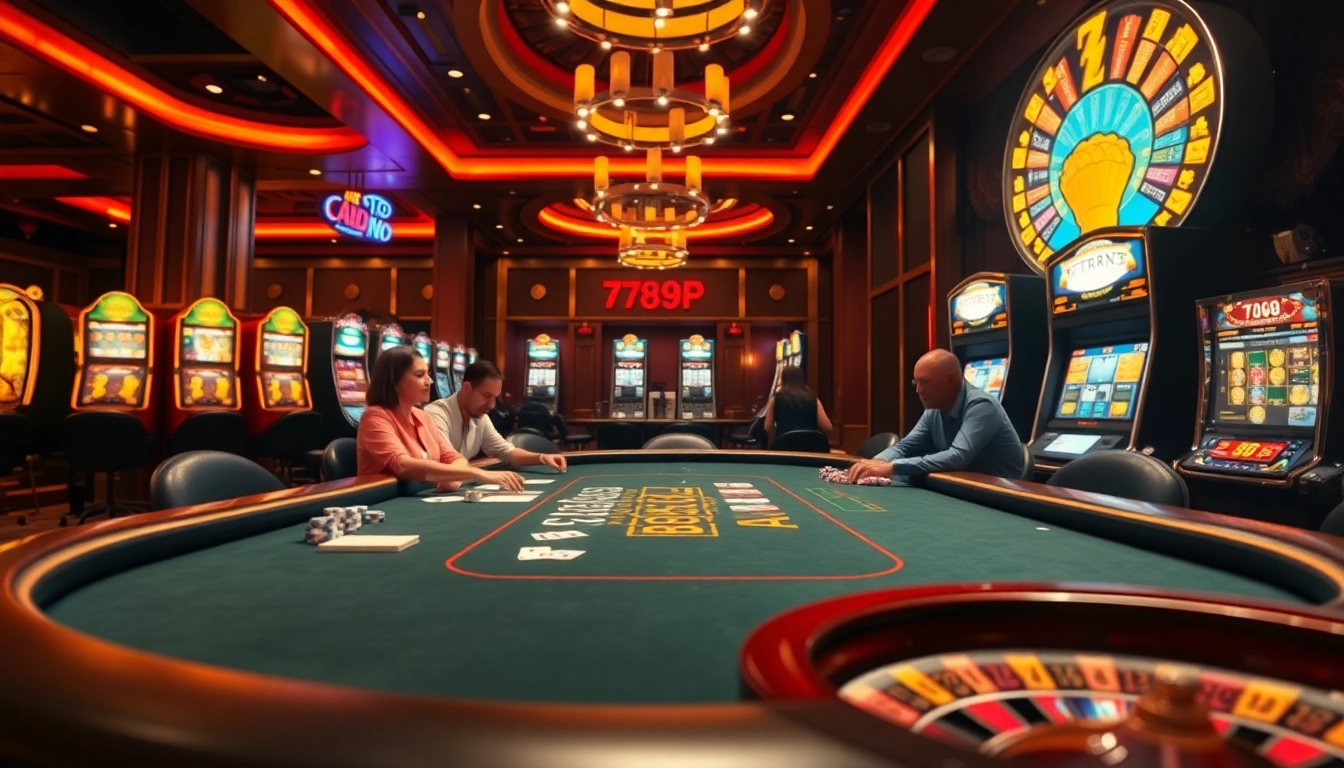 Experience the excitement of poker gameplay at 789P casino with vibrant slot machines in the background.