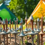 יתדת אנקור: יתדות עוגן מתכתיות עמידות שמחזיקות אוהלי חוץ בצורה בטוחה בסביבת גינה.