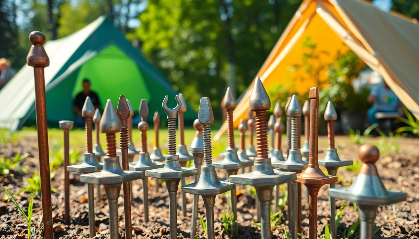 יתדת אנקור: יתדות עוגן מתכתיות עמידות שמחזיקות אוהלי חוץ בצורה בטוחה בסביבת גינה.