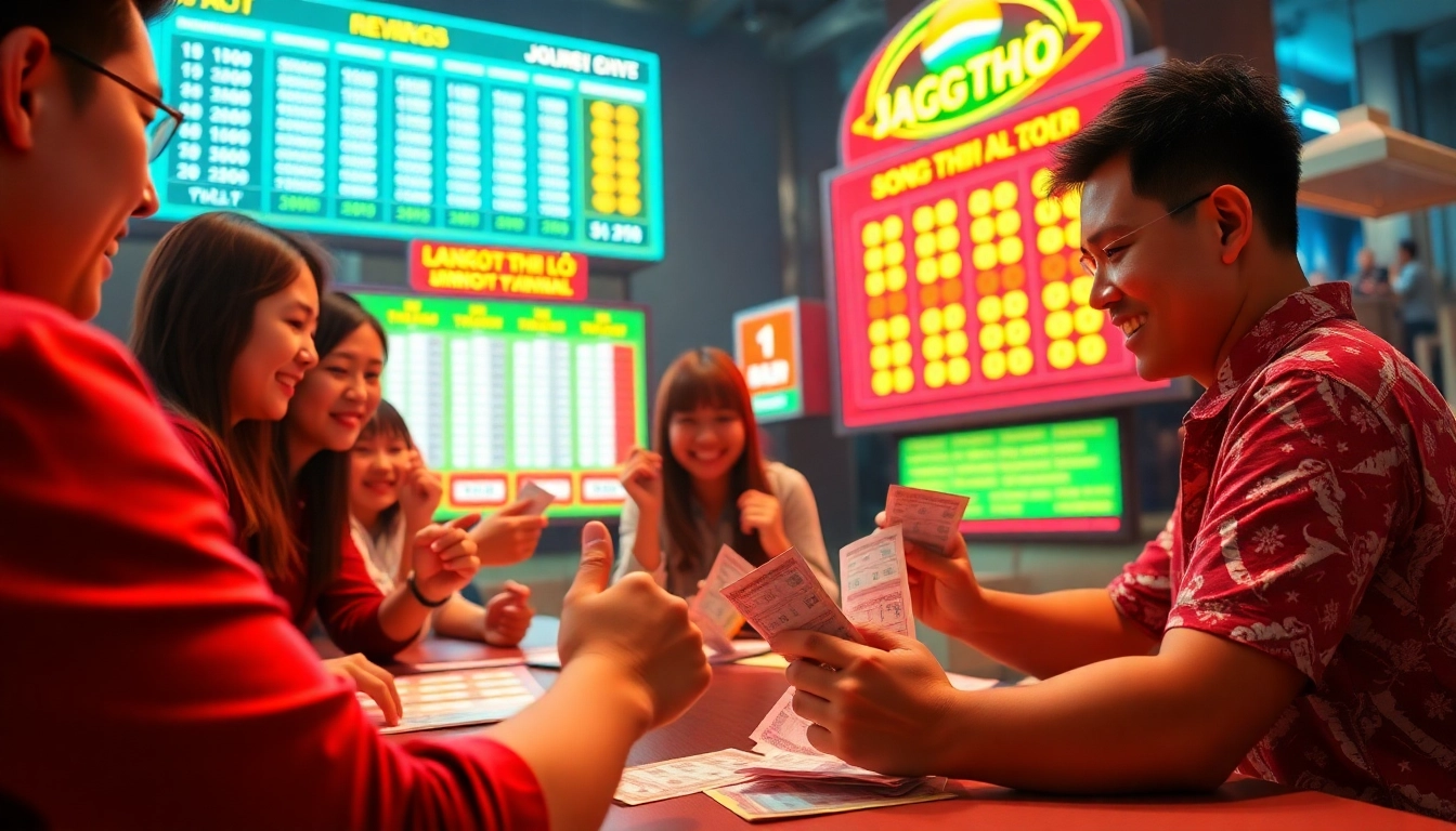 Exciting scene showcasing Song thủ lô lottery players checking winning numbers with joyful expressions.